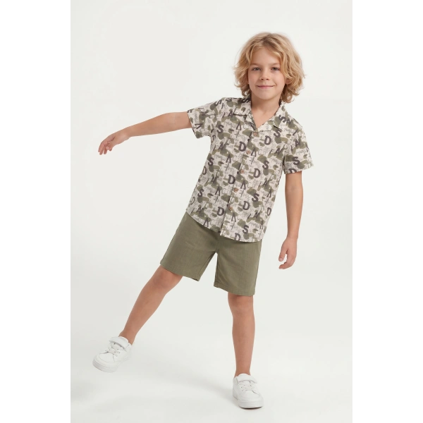 4-8 Yaş Erkek Çocuk Keten %100 Pamuk Yazlık Takım  – Desenli Gömlek ve Şort Rahat Kesim Kombin