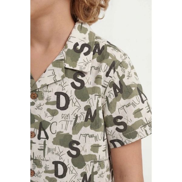 4-8 Yaş Erkek Çocuk Keten %100 Pamuk Yazlık Takım  – Desenli Gömlek ve Şort Rahat Kesim Kombin