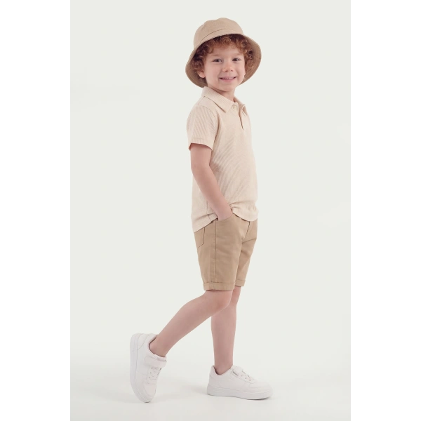3-6 Yaş Erkek Çocuk Şapkalı Waffle Tişört & Gabardin Şort Takım | Rahat Kalıp Yazlık Kombin