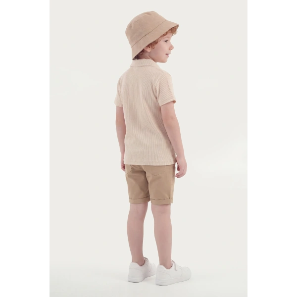 3-6 Yaş Erkek Çocuk Şapkalı Waffle Tişört & Gabardin Şort Takım | Rahat Kalıp Yazlık Kombin
