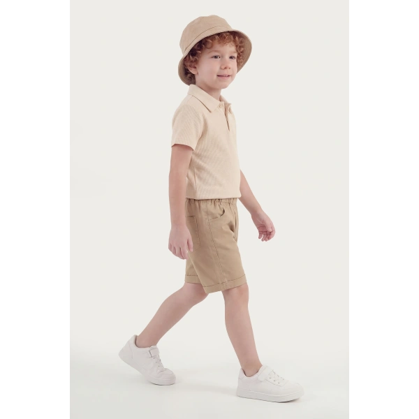 3-6 Yaş Erkek Çocuk Şapkalı Waffle Tişört & Gabardin Şort Takım | Rahat Kalıp Yazlık Kombin