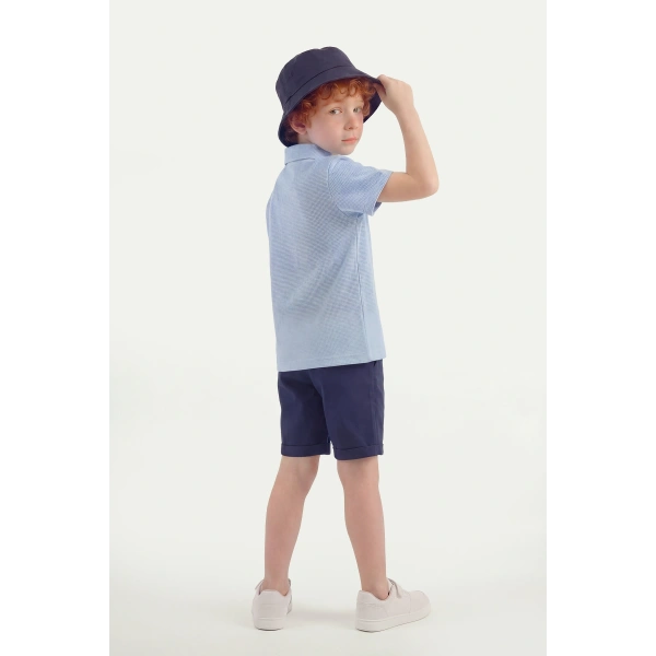 3-6 Yaş Erkek Çocuk Şapkalı Waffle Tişört & Gabardin Şort Takım | Rahat Kalıp Yazlık Kombin