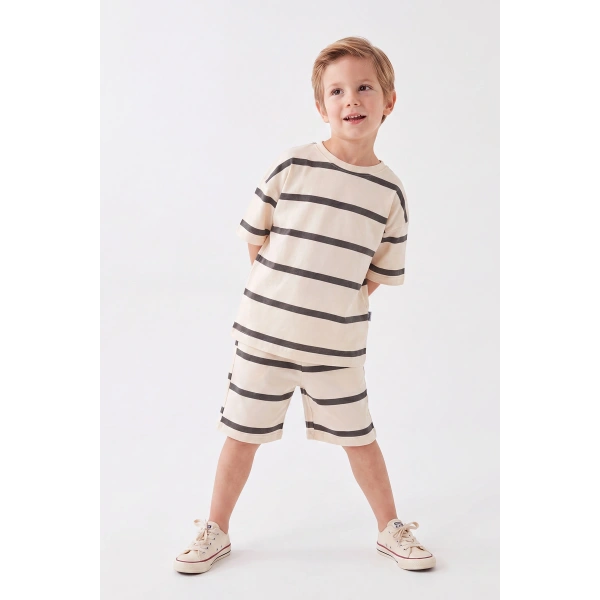 5-12 Yaş Erkek Çocuk Oversize Çizgili Şortlu Takım | %100 Pamuk Rahat Yazlık Kombin