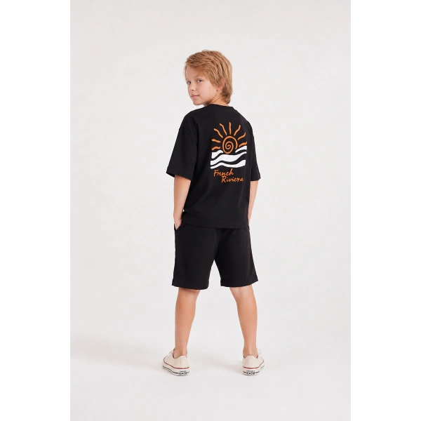 5-12 Yaş Erkek Çocuk Oversize Güneş Baskı Şortlu Takım | %100 Pamuk Rahat Yazlık Kombin