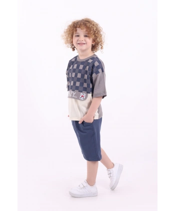 Kare Baskılı Kanguru Kapaklı 3-6 Yaş Oversize Erkek Çocuk Şortlu Yazlık Takım