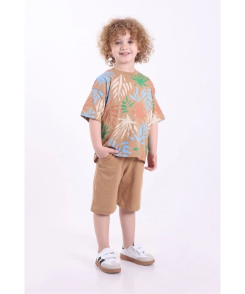 Palmiye Baskılı 3-6 Yaş Oversize Erkek Çocuk Şortlu Yazlık Takım