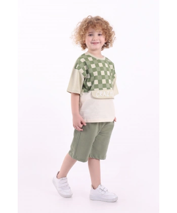 Kare Baskılı Kanguru Kapaklı 3-6 Yaş Oversize Erkek Çocuk Şortlu Yazlık Takım