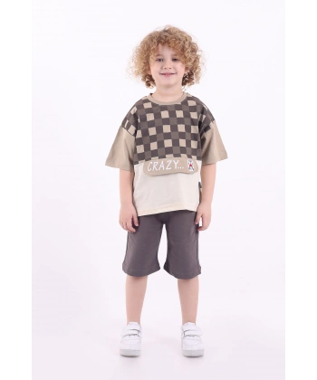 Kare Baskılı Kanguru Kapaklı 3-6 Yaş Oversize Erkek Çocuk Şortlu Yazlık Takım
