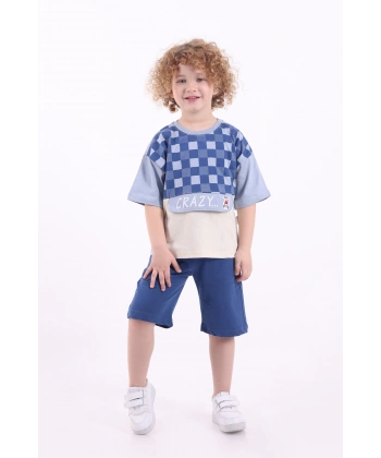 Kare Baskılı Kanguru Kapaklı 3-6 Yaş Oversize Erkek Çocuk Şortlu Yazlık Takım