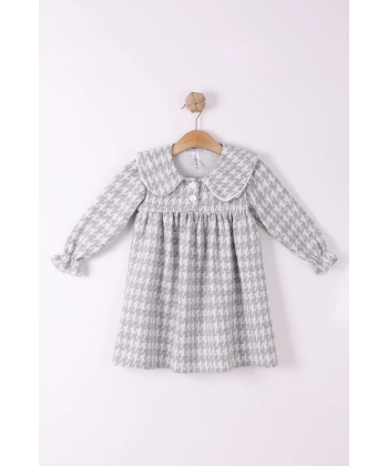 2-5 yaş Kız Çocuk Ekose Pamuklu Jakar Kumaş Uzun Kollu Kışlık Şık Elbise