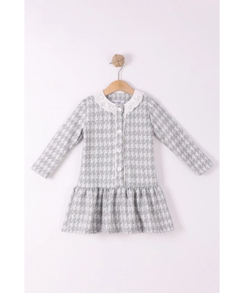 2-5 yaş Düğmeli Kız Çocuk Ekose Pamuklu Jakar Kumaş Uzun Kollu Kışlık Şık Elbise