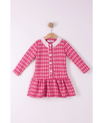 2-5 yaş Düğmeli Kız Çocuk Ekose Pamuklu Jakar Kumaş Uzun Kollu Kışlık Şık Elbise