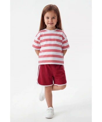 3-10 Yaş Kız Çocuk %100 Pamuk Yazlık Çizgili Takım | Oversize Tişört ve Şort