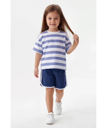 3-10 Yaş Kız Çocuk %100 Pamuk Yazlık Çizgili Takım | Oversize Tişört ve Şort