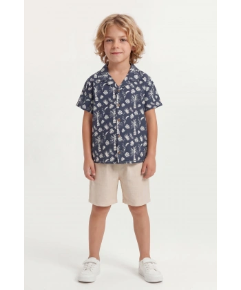 4-8 Yaş Erkek Çocuk Keten %100 Pamuk Yazlık Takım –Desenli Gömlek ve Şort Rahat Kesim Kombin