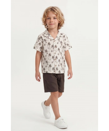 4-8 Yaş Erkek Çocuk Keten %100 Pamuk Yazlık Takım–Desenli Gömlek ve Şort Rahat Kesim Kombin