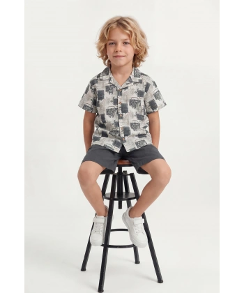 4-8 Yaş Erkek Çocuk Keten %100 Pamuk Yazlık Takım– Desenli Gömlek ve Şort Rahat Kesim Kombin