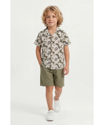 4-8 Yaş Erkek Çocuk Keten %100 Pamuk Yazlık Takım  – Desenli Gömlek ve Şort Rahat Kesim Kombin