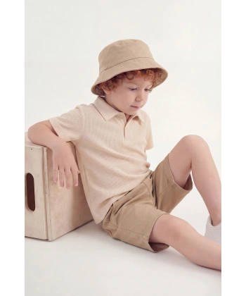 3-6 Yaş Erkek Çocuk Şapkalı Waffle Tişört & Gabardin Şort Takım | Rahat Kalıp Yazlık Kombin