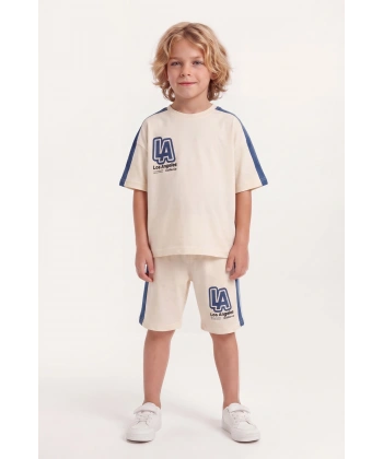 5-8 Yaş LA Baskılı Erkek Çocuk Oversize %100 Pamuk Yazlık Takım–Rahat Kesim Şortlu Kombin