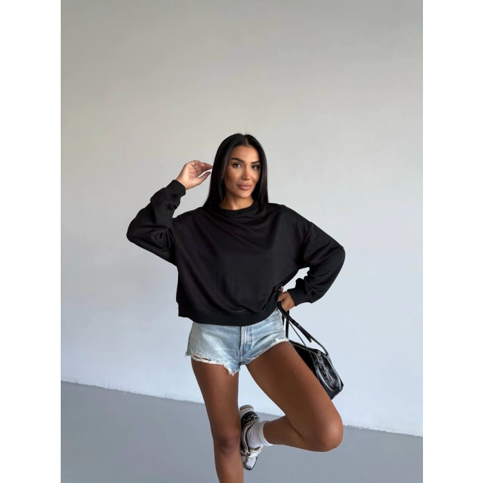 petite ateiler 2 iplik bisiklet yaka sweat siyah f2339