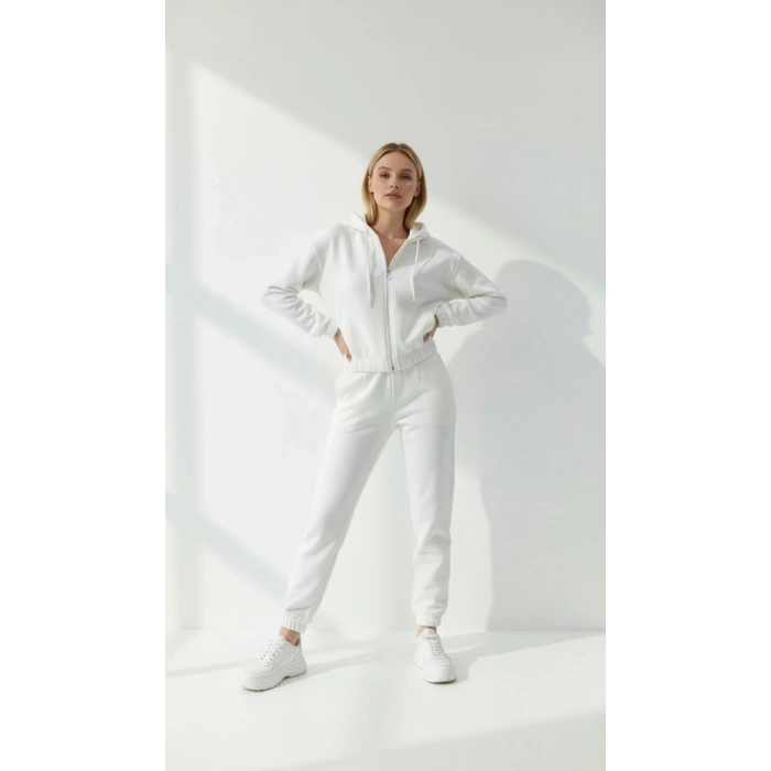 petite ateiler 3 iplik şardonlu Kapşonlu fermuarlı kısa üst beyaz pat8590