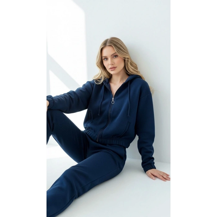 petite ateiler 3 iplik şardonlu Kapşonlu fermuarlı kısa üst lacivert pat8590