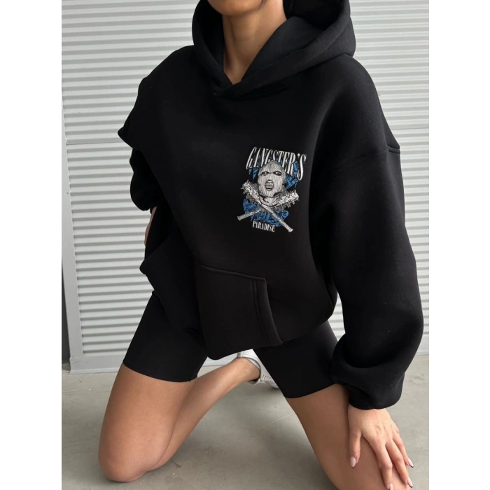 petite ateiler 3 iplik şardonlu oversize kafa baskılı sweat siyah