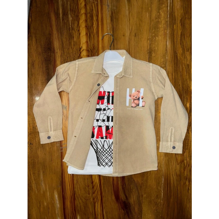 petite ateiler 4-8 yaş tişört gömlek kombini vizon