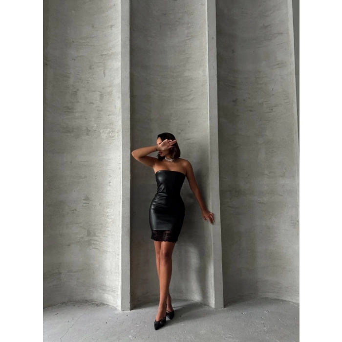 petite ateiler Altı dantelli straplez deri elbise siyah w240419