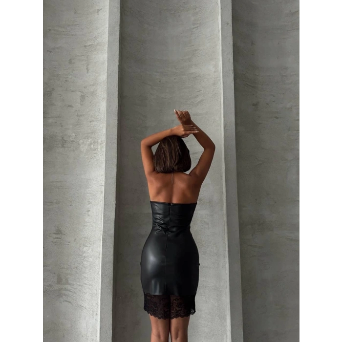 petite ateiler Altı dantelli straplez deri elbise siyah w240419