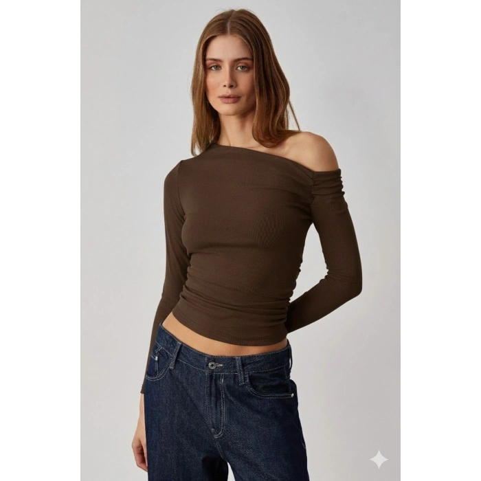 petite ateiler Asimetrik yaka bluz kahve pt