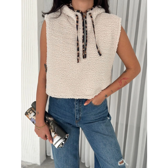 petite ateiler Astarlı kapşonlu kuzu yelek beyaz t1243