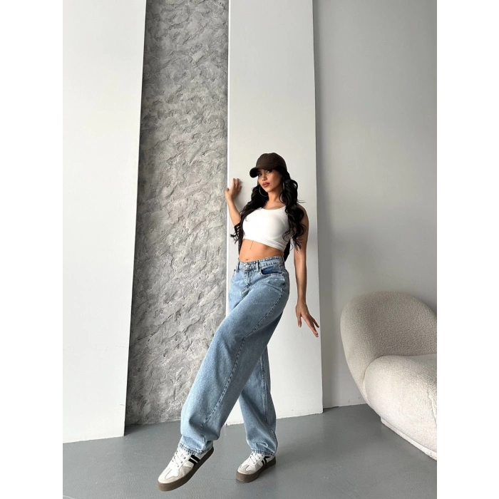 petite ateiler Baggy kar yıkama orta mavi jeans pantolon d2007