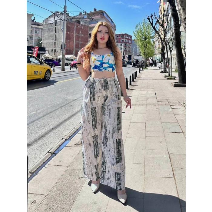 petite ateiler Baskılı Bağcıklı keten pantolon krem