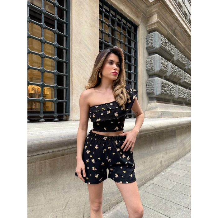 petite ateiler Baskılı fırfırlı şortlu takım