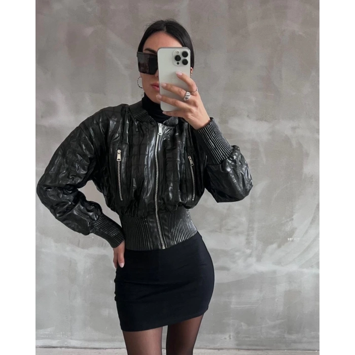 petite ateiler Beli büzgülü crop deri ceket siyah