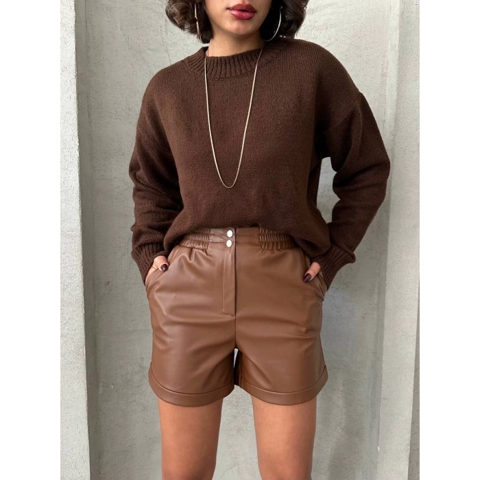 petite ateiler Beli lastikli çıtçıtlı deri şort kahve w241007