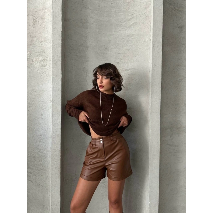 petite ateiler Beli lastikli çıtçıtlı deri şort kahve w241007