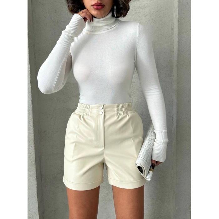 petite ateiler Beli lastikli çıtçıtlı deri şort krem w241007