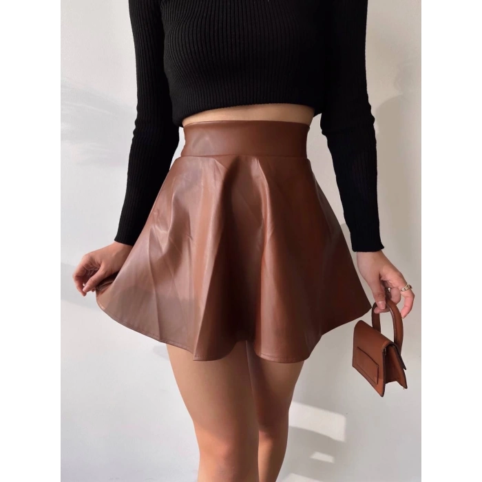 petite ateiler Beli lastikli deri etek kahve s24599