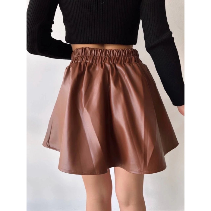 petite ateiler Beli lastikli deri etek kahve s24599