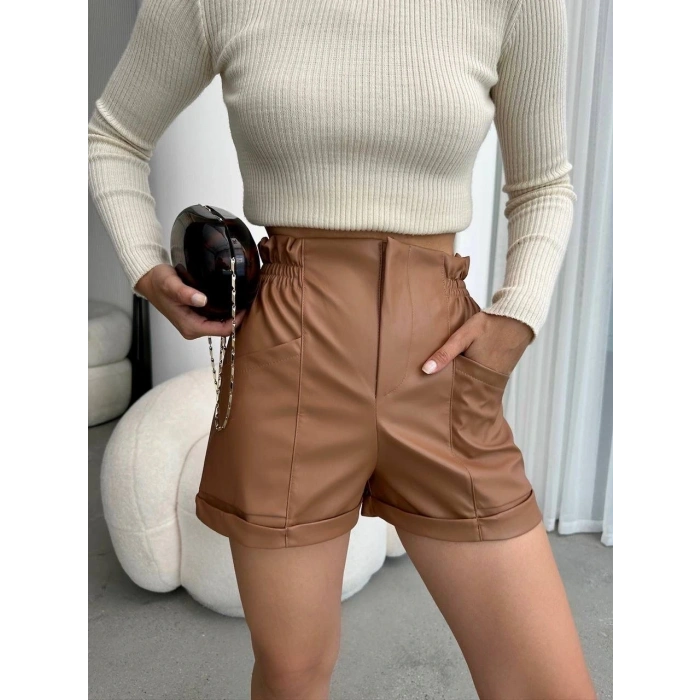 petite ateiler Beli lastikli deri şort kahve H24605