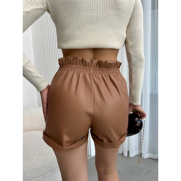 petite ateiler Beli lastikli deri şort kahve H24605