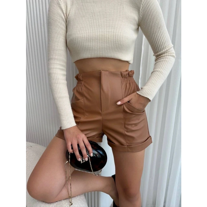 petite ateiler Beli lastikli deri şort kahve H24605