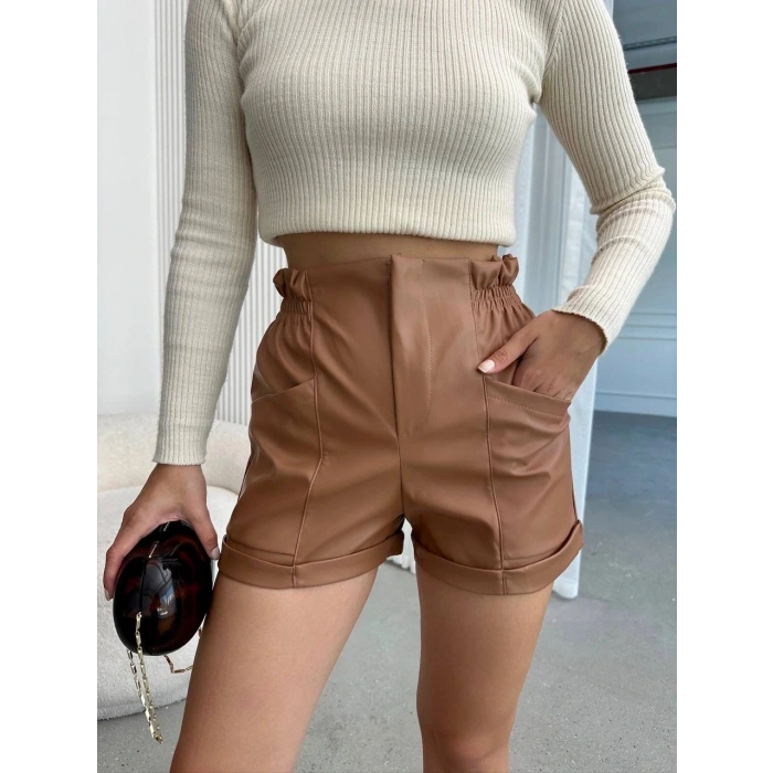 petite ateiler Beli lastikli deri şort kahve H24605