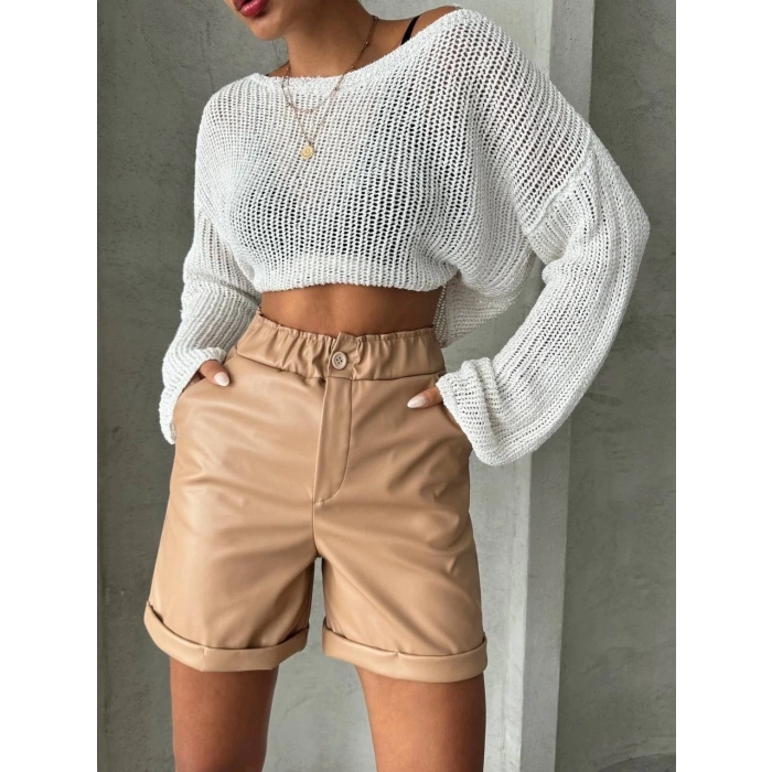 petite ateiler Beli lastikli duble paça deri şort bej w24755