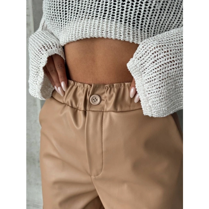 petite ateiler Beli lastikli duble paça deri şort bej w24755