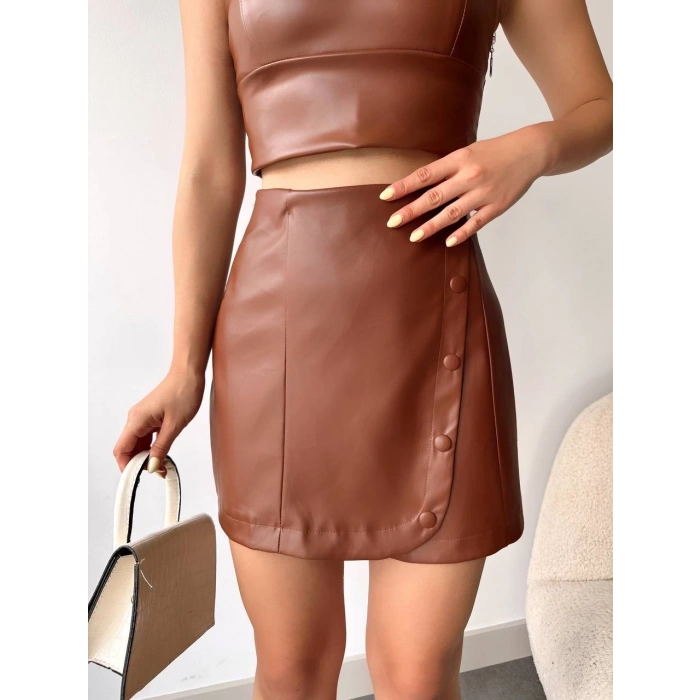 petite ateiler Beş düğmeli oval deri etek kahve h240068
