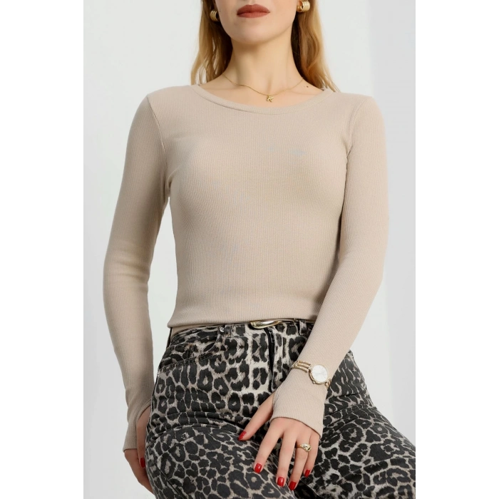 petite ateiler Bisiklet Yaka Parmak Geçmeli Kaşkorse bluz bej a3829